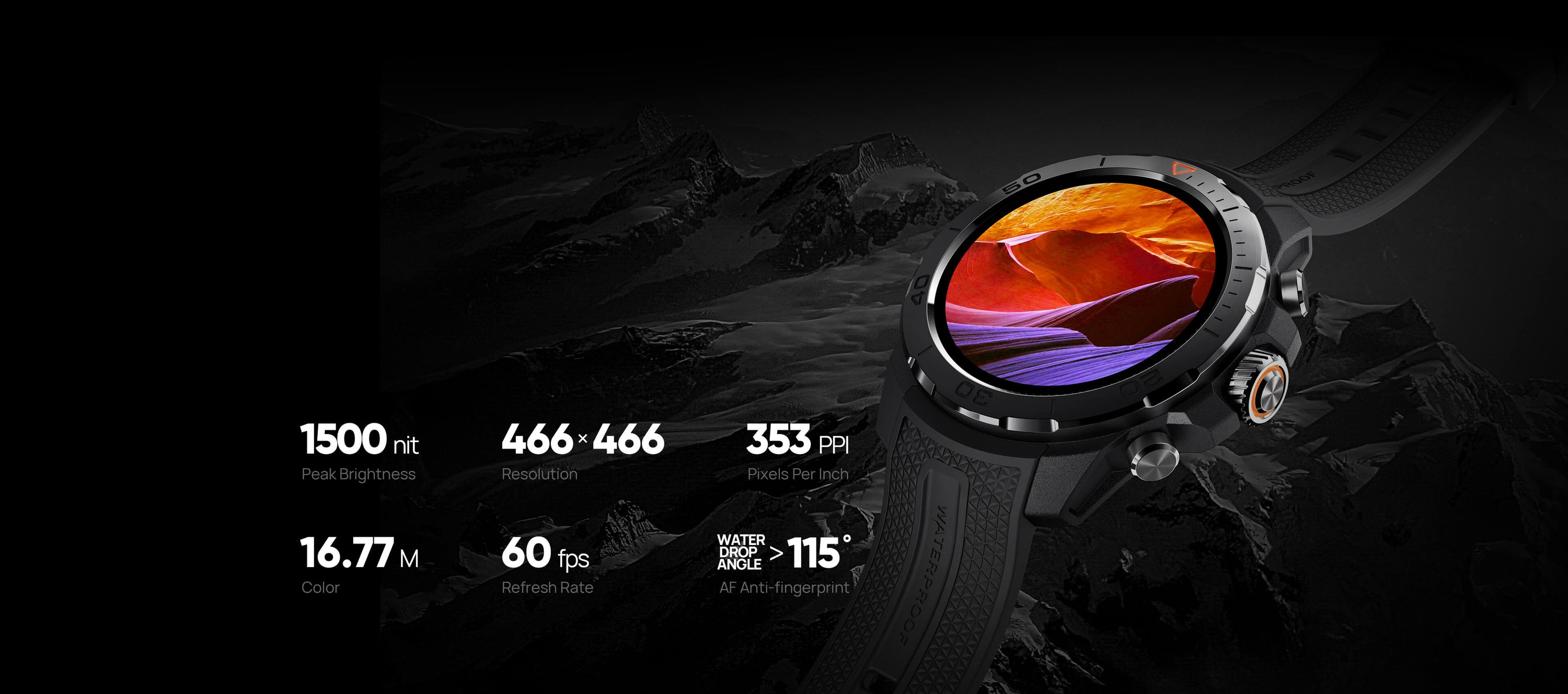 AMOLED High Brightness Screen
1500nit high brightness Amoled screen, clearly visible under strong outdoor light.
Peak Brightness: 1500nit 
Resolution: 466x466 Pixels Per Inch(PPI): 353
Color: 16.77 Million     
Refresh Rate: 60fps       
AF Anti-fingerprint: Water Drop Angle > 115° 