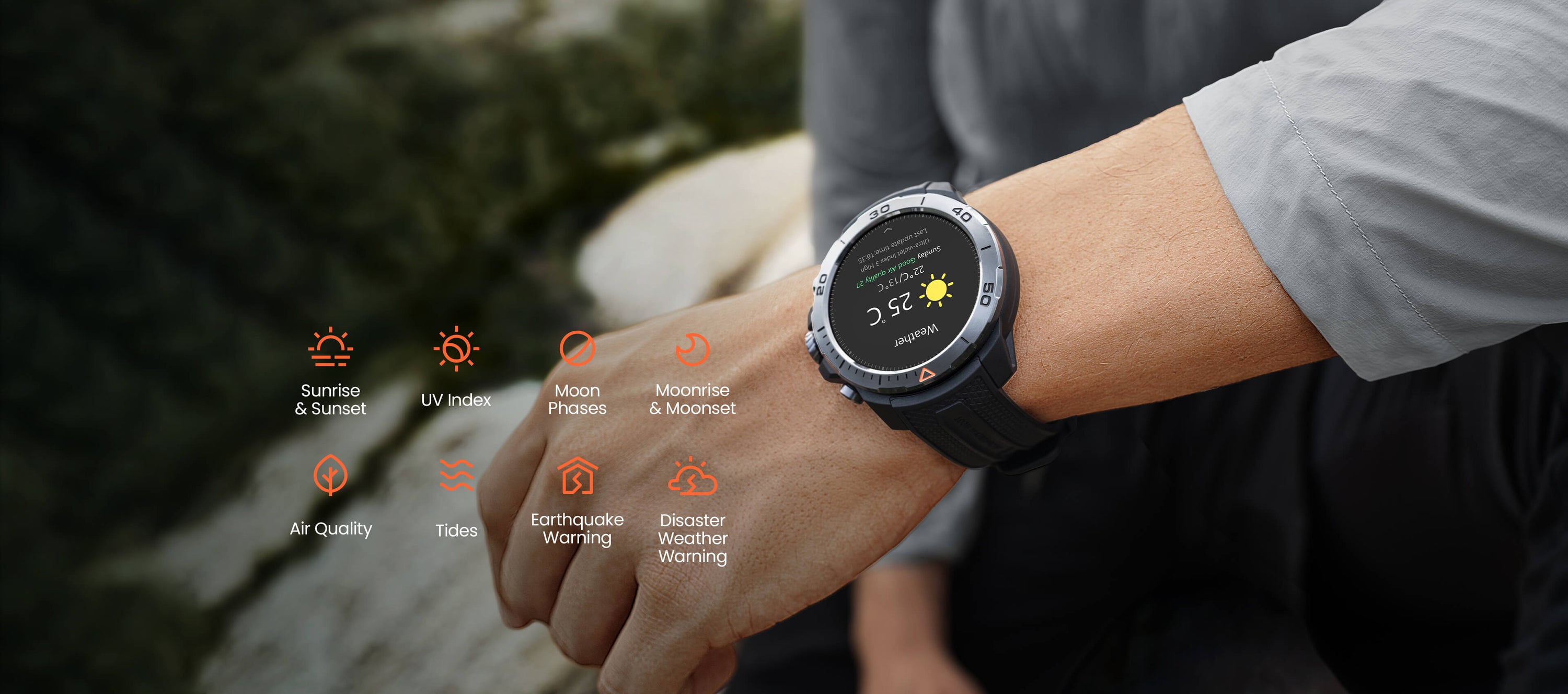 Wrist Weather Station
Provide you with professional weather information service.
Air Quality, UV Index, Sunrise and Sunset, Moonrise and Moonset, Moon Phases, Tides, Earthquake Warning, Disaster Weather Warning